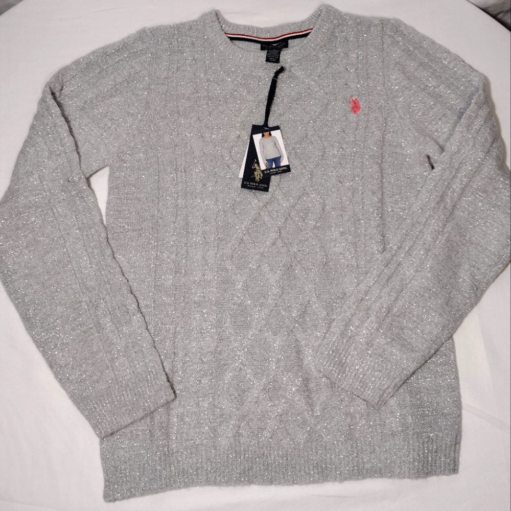 U.S Polo Light Heather Gray Metallic Silver Cable  Knit Crew Neck Sweater
